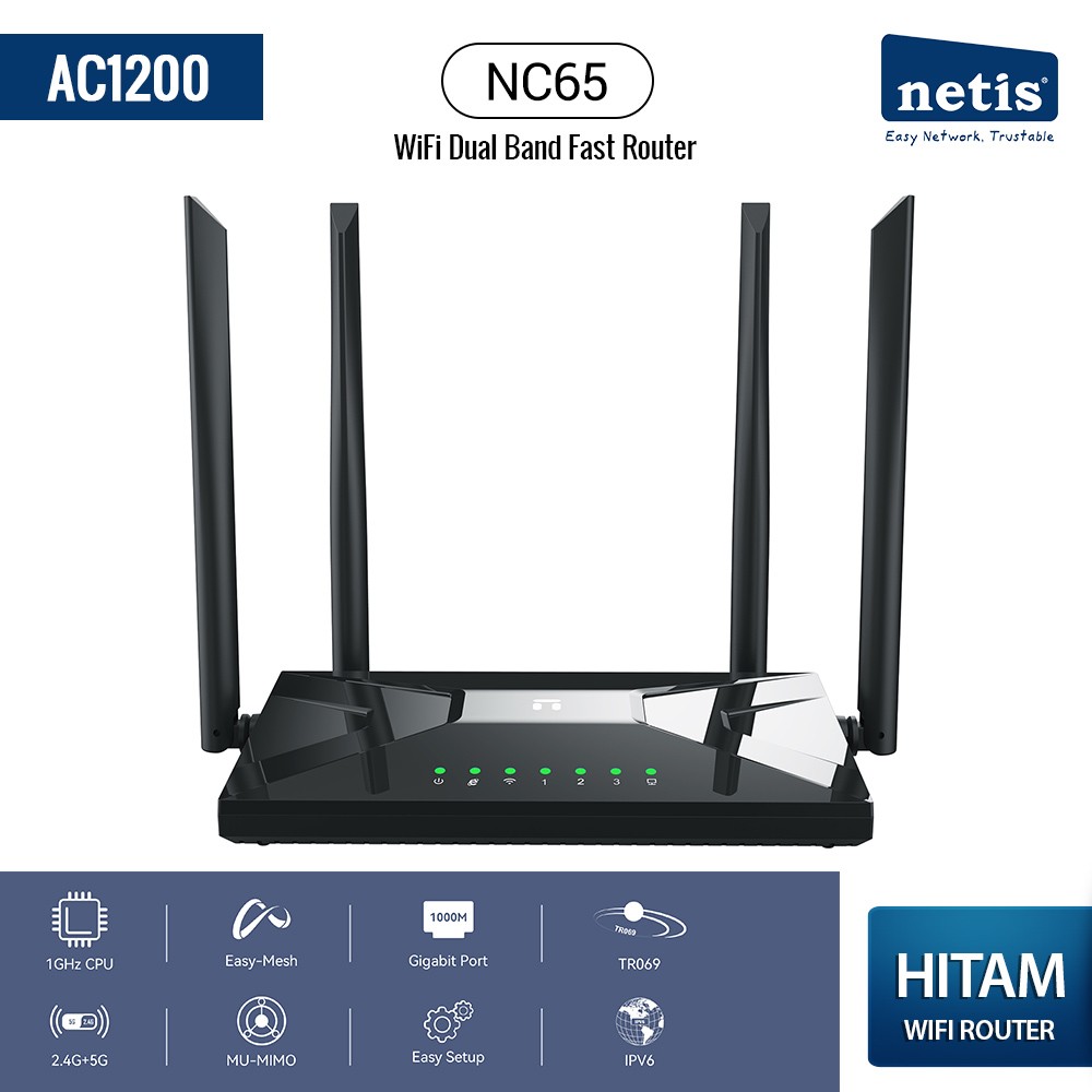 NETIS NC65 AC1200 Wireless Dual Band Gigabit Router - Black